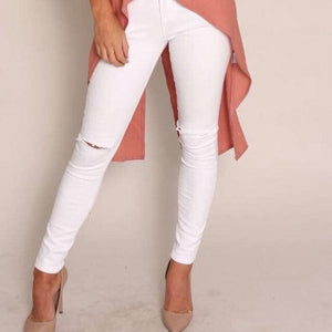 Wakee - White Denim Knee Split High Waisted Jeans